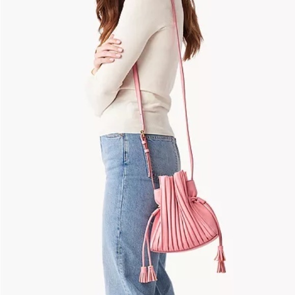 Fossil Rayna Drawstring Crossbody Bag Pink Tassel Bag - Picture 1 of 13